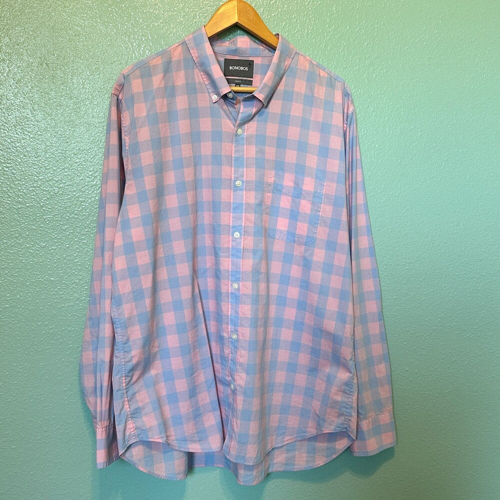 Bonobos Men's Button Shirt Slim Fit Pink Blue Plaid 100% Cotton Long Sleeve XXL